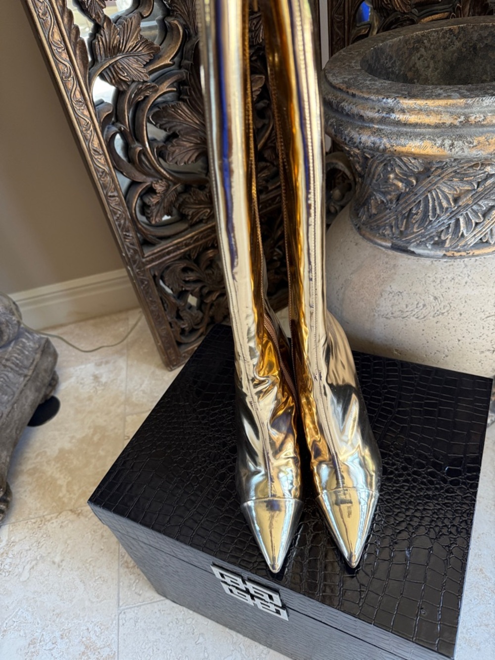 Steve Madden Metallic Gold Pointed-Toe Knee-High Heeled Boots